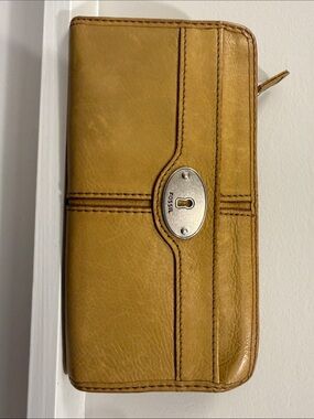 Fossil Tan Leather Zip-Around Wallet with Silver Accent